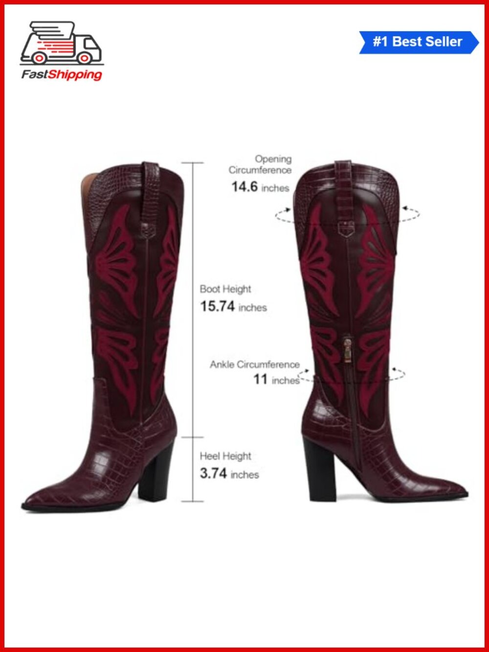 ✨ VOMIRA Women's Pointed Toe Chunky Heel Butterfly Cowboy Boots Wide Calf Knee - Picture 5 of 6
